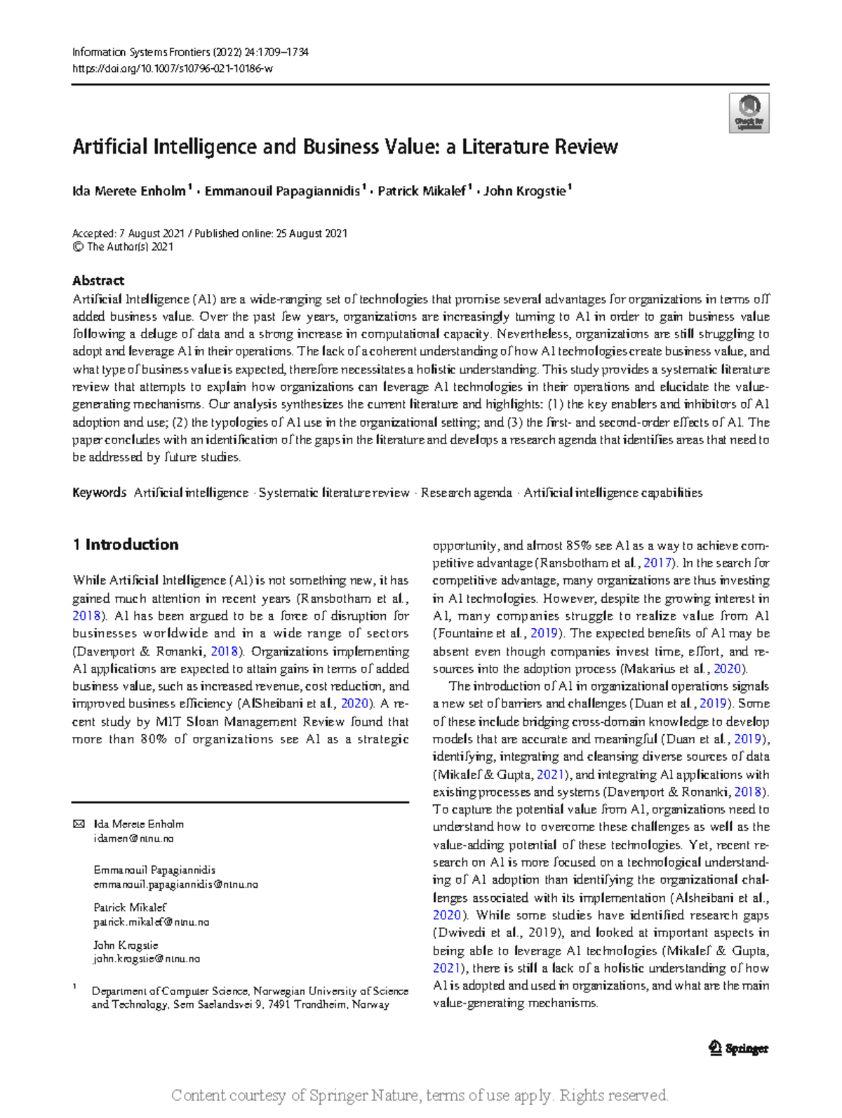 Artificial Intelligence and Business Value a Liter - Over the past few ...