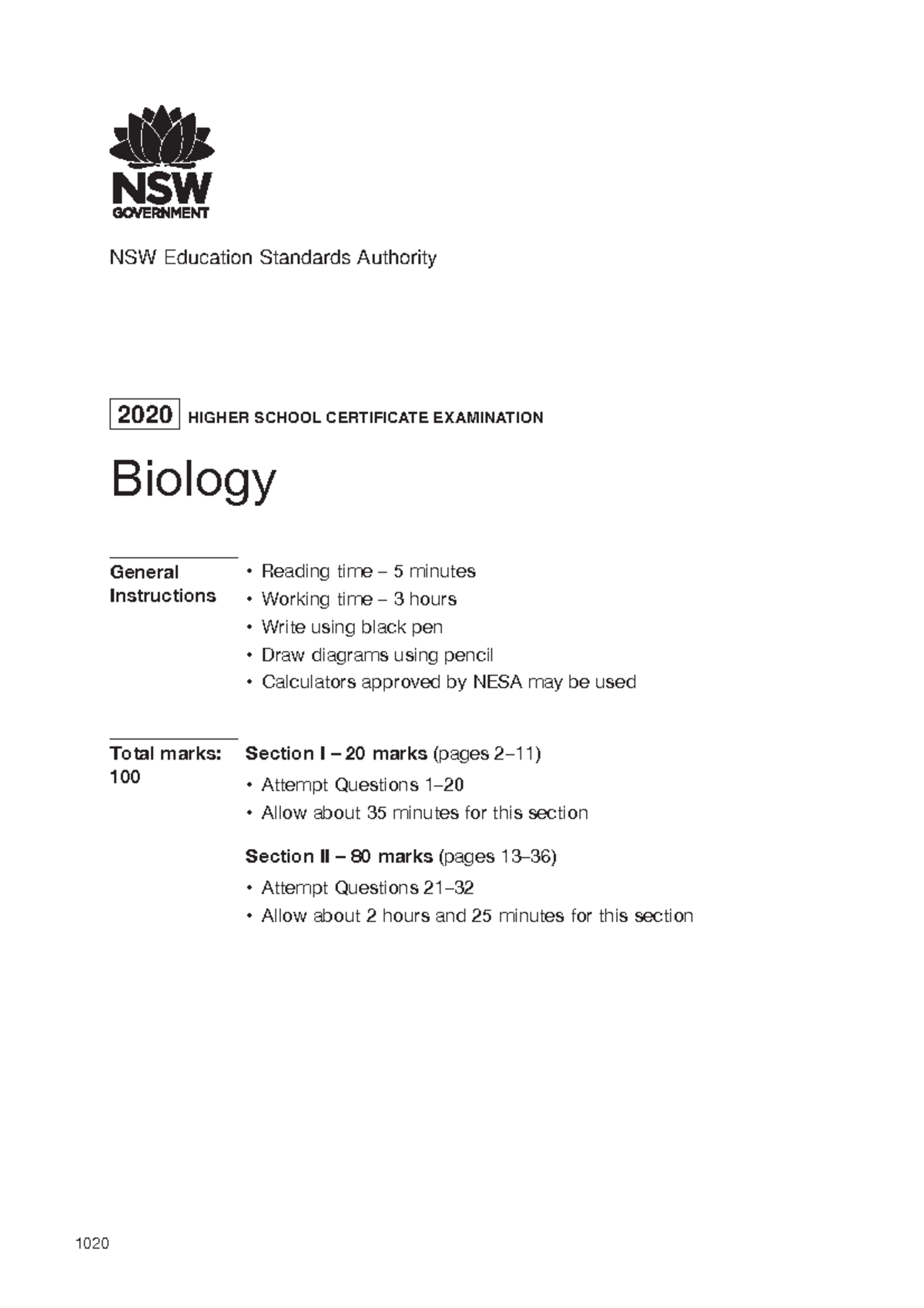 2020-hsc-biology - B;ah - NSW Education Standards Authority 2020 HIGHER ...