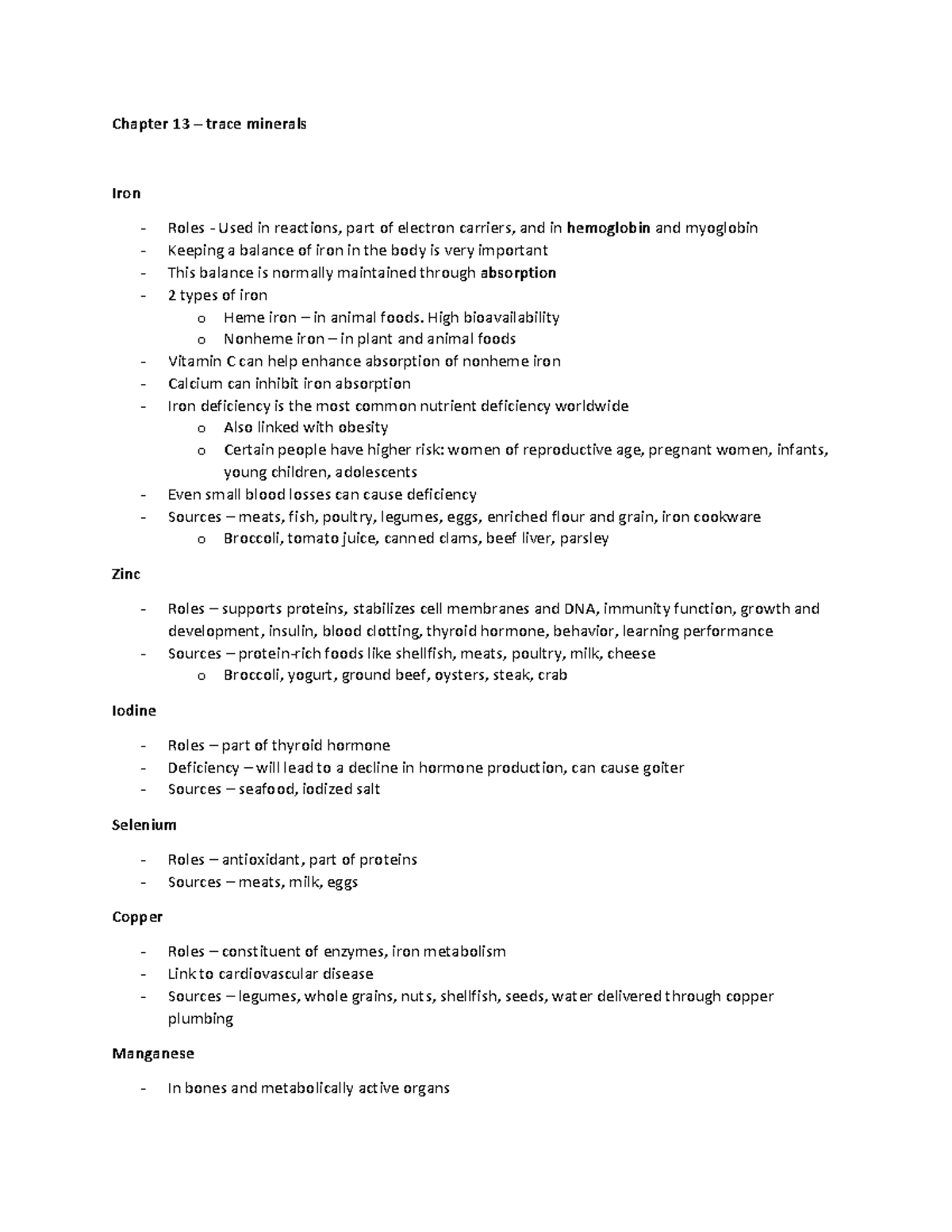 ch13 DIET200 notes Chapter 13 trace minerals Iron Roles Used in