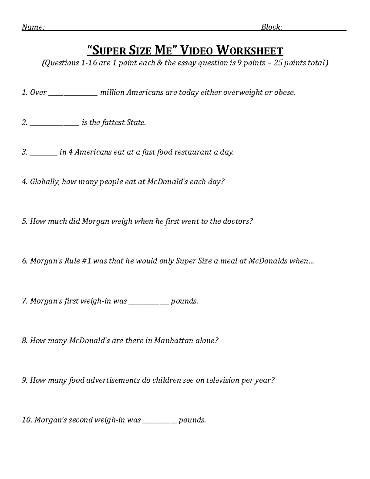 Super Size Me Worksheet - Name: - Studocu
