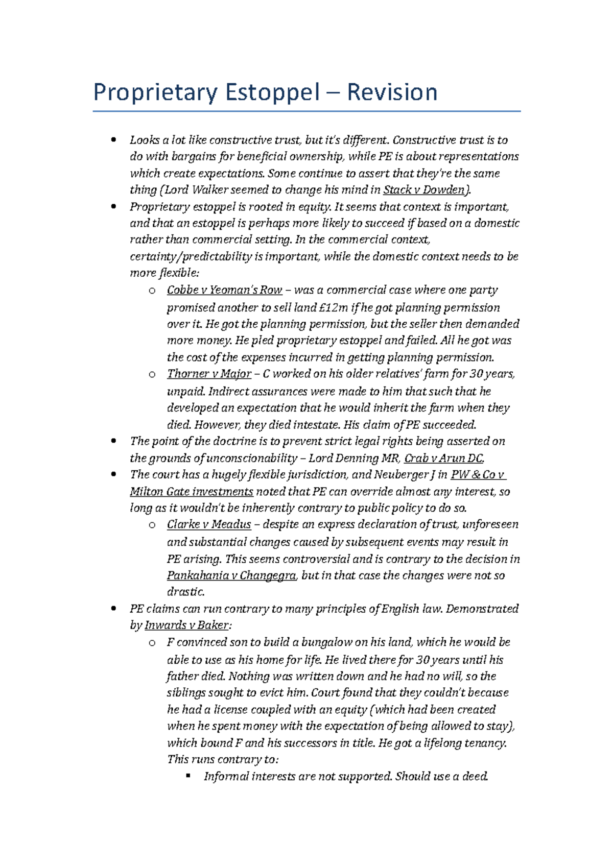 Proprietary Estoppel Revision: Key Concepts and Cases - Studocu