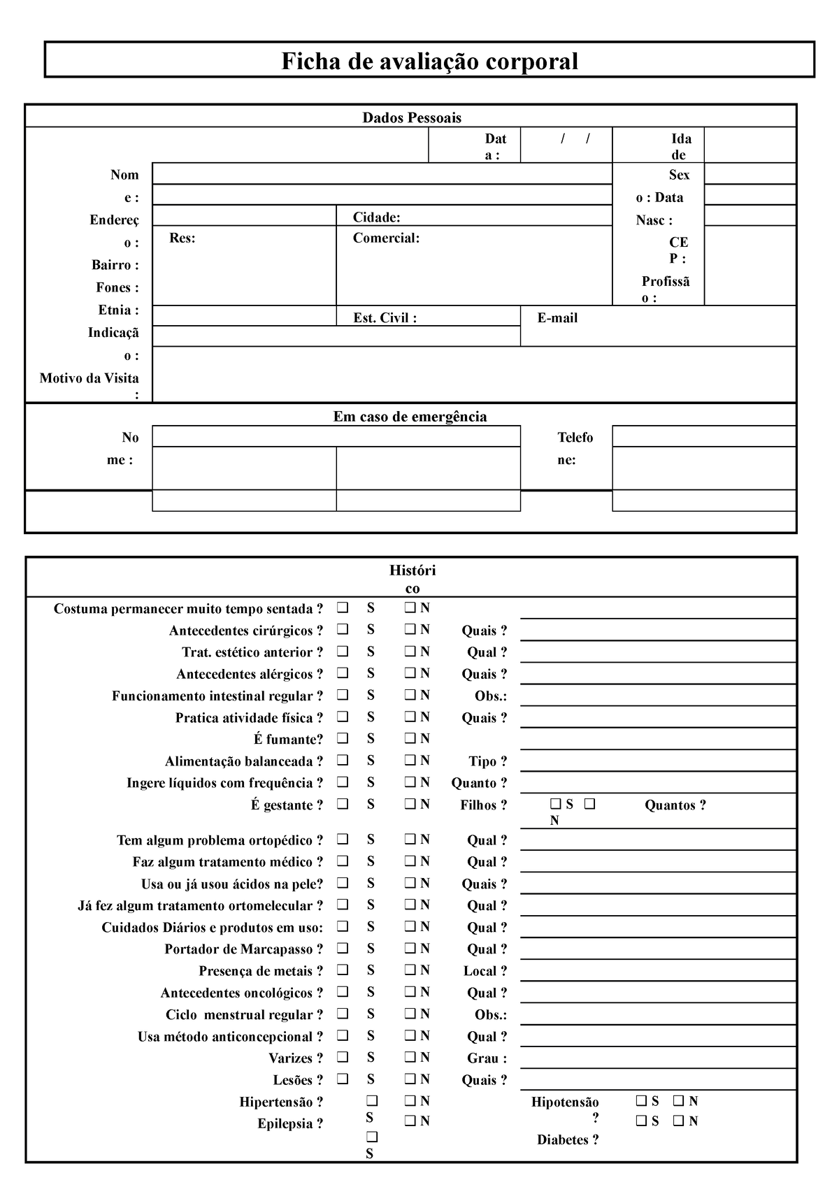 Ficha Avaliação Física Nome: Data Nasc. Histórico…  Ficha de avaliação,  Educação fisica, Ficha anamnese