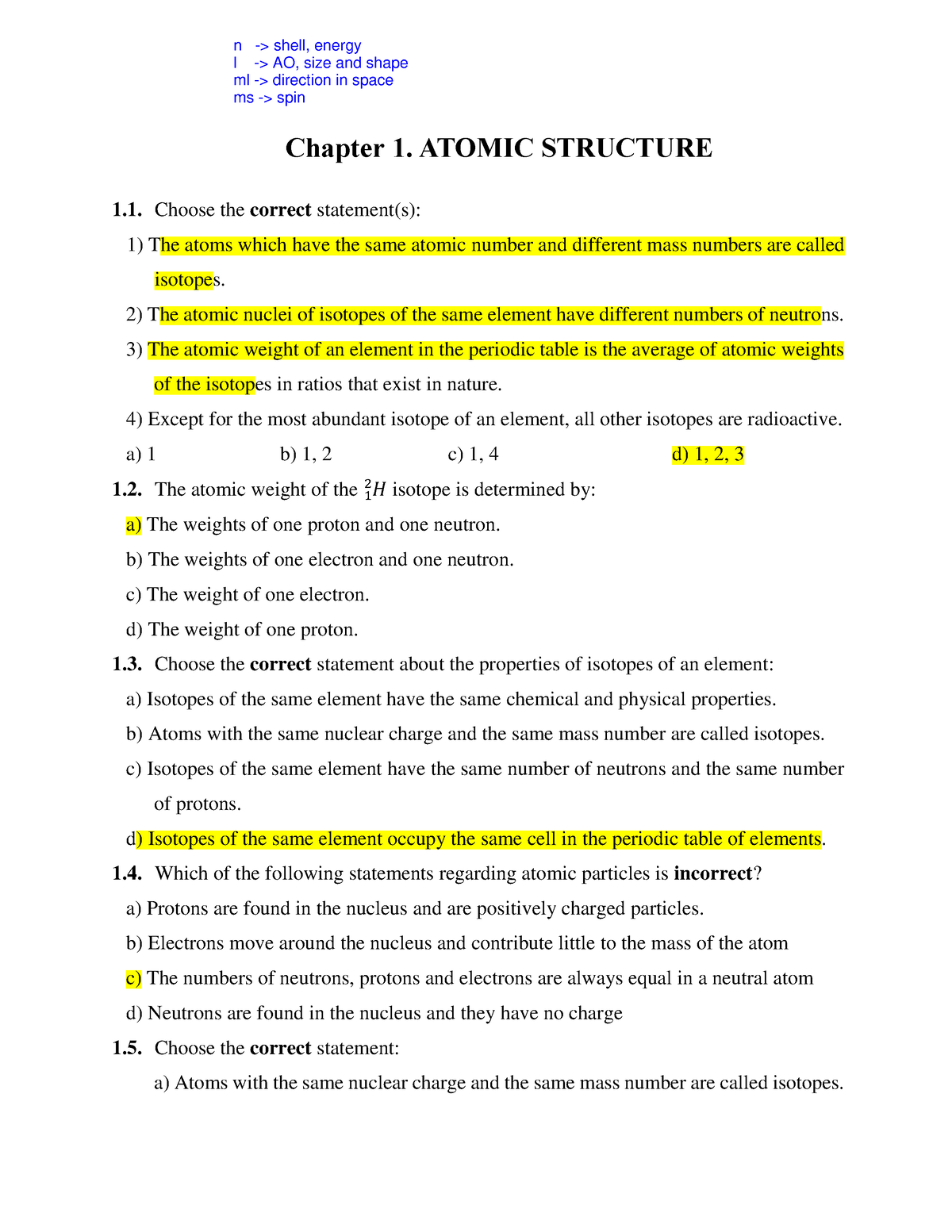 Chapter 1 Atomic Structure Exercises New Version - Chapter 1. ATOMIC ...