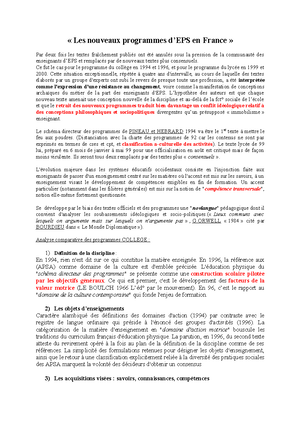 Les Nouveaux Programmes D Eps En France Ce Fut Le Cas Pour Le Programme Du College En 1994 Et Studocu