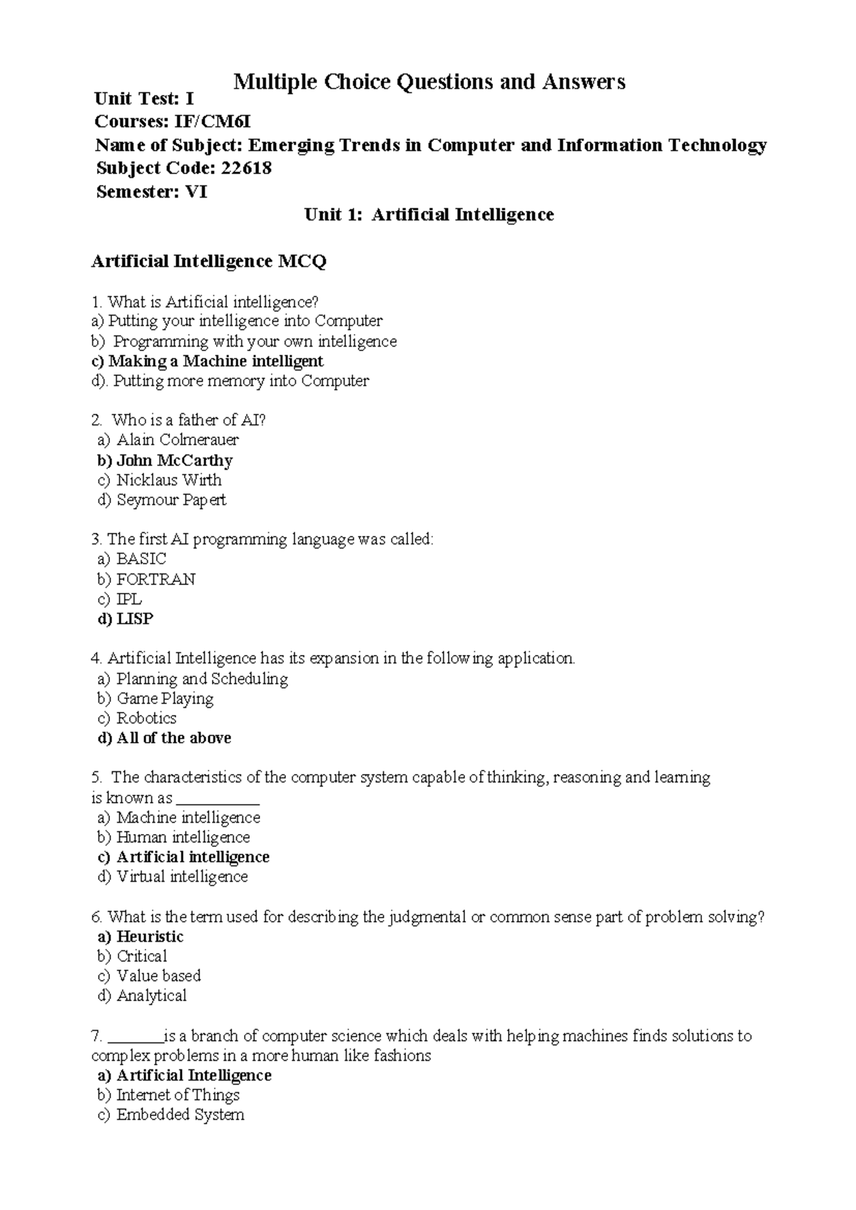 ETI 22618 UT1 Question Bank 2022-23 080323 - Unit Test: I Multiple ...