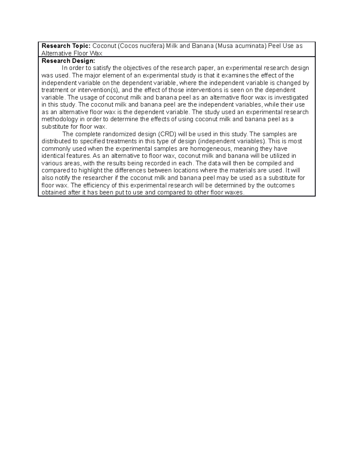 Research Design Experimental Design About Cocconut Milk and Banana
