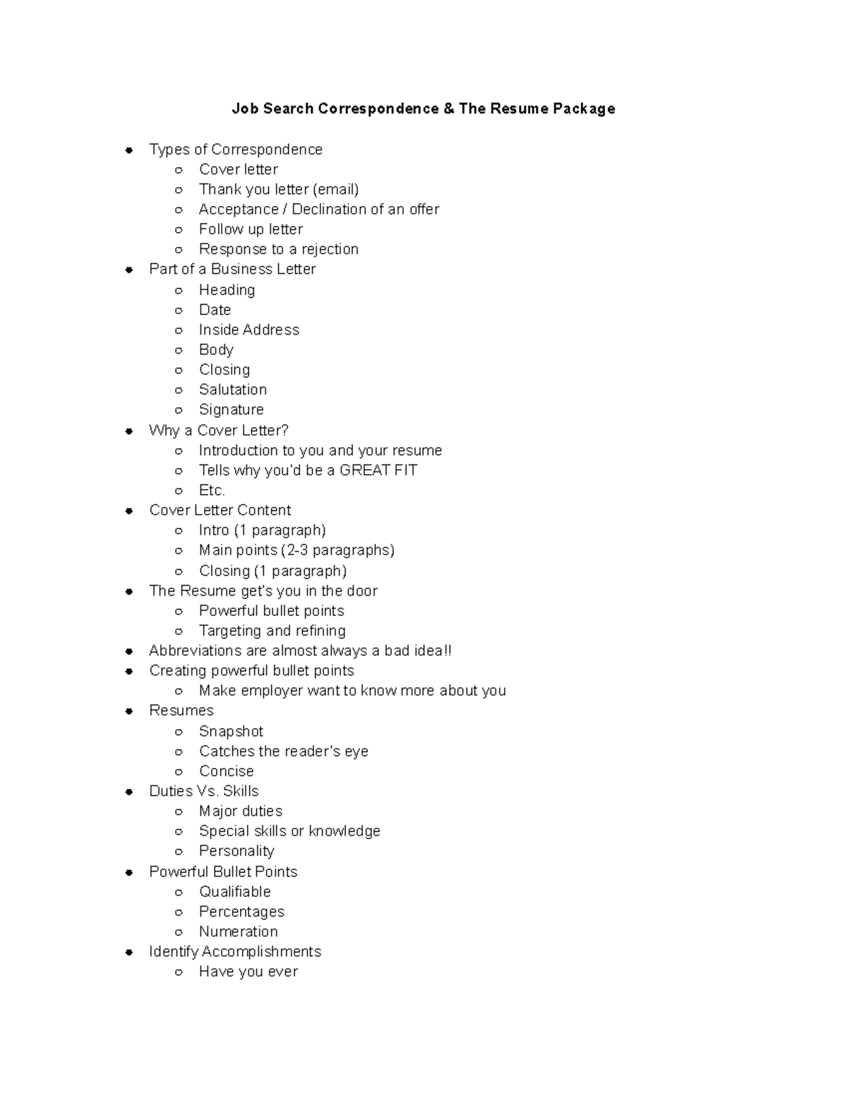 Job Search Correspondence The Resume Package Notes Job Search