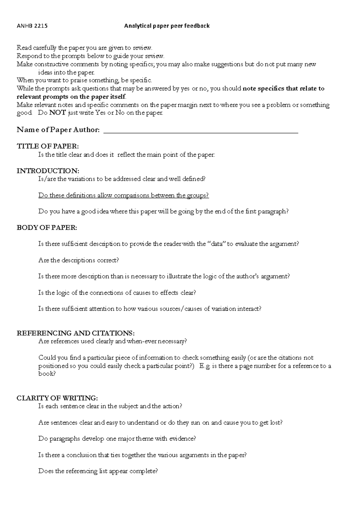 ANHB 2215 Peer Feedback Guidelines for Analytical Papers - ANHB 2215 ...