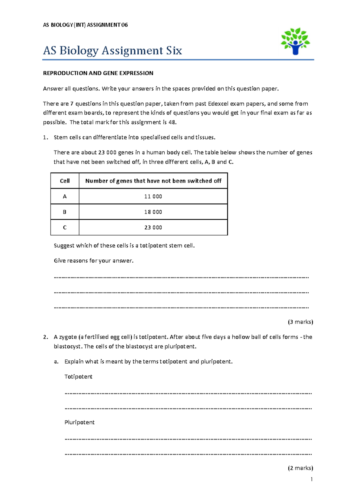 Assignment 06 - AS Biology Assignment Six REPRODUCTION AND GENE ...