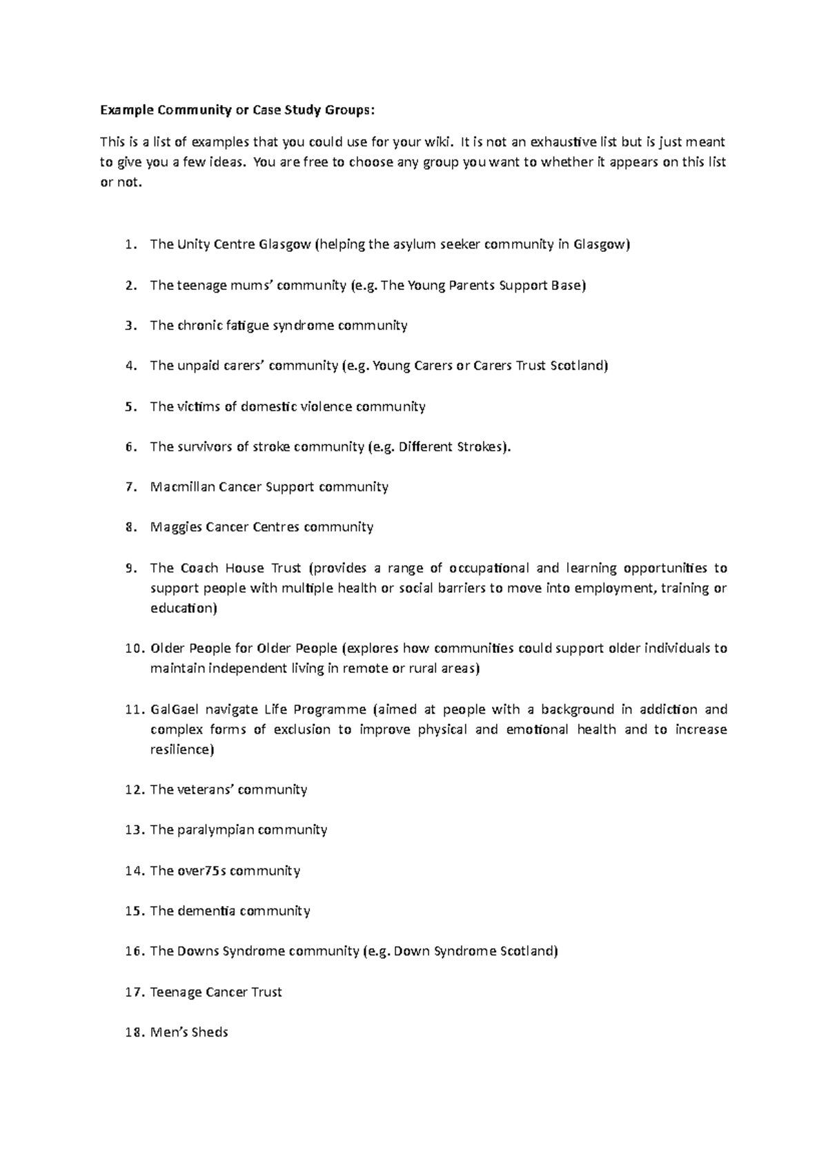 Example Community or Case Study Groups - It is not an exhaustive list ...