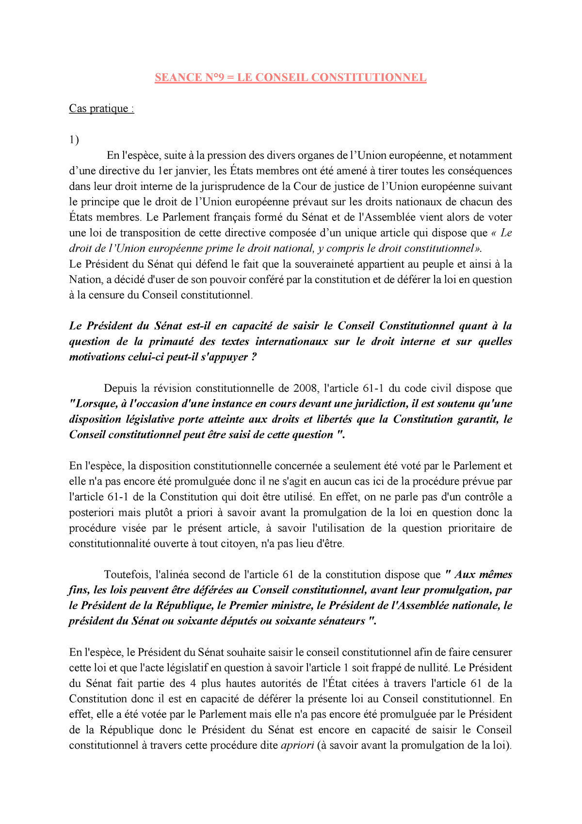 Cas Pratique Le Conseil Constitutionnel Seance N 9 Le Conseil Constitutionnel Cas Pratique Studocu