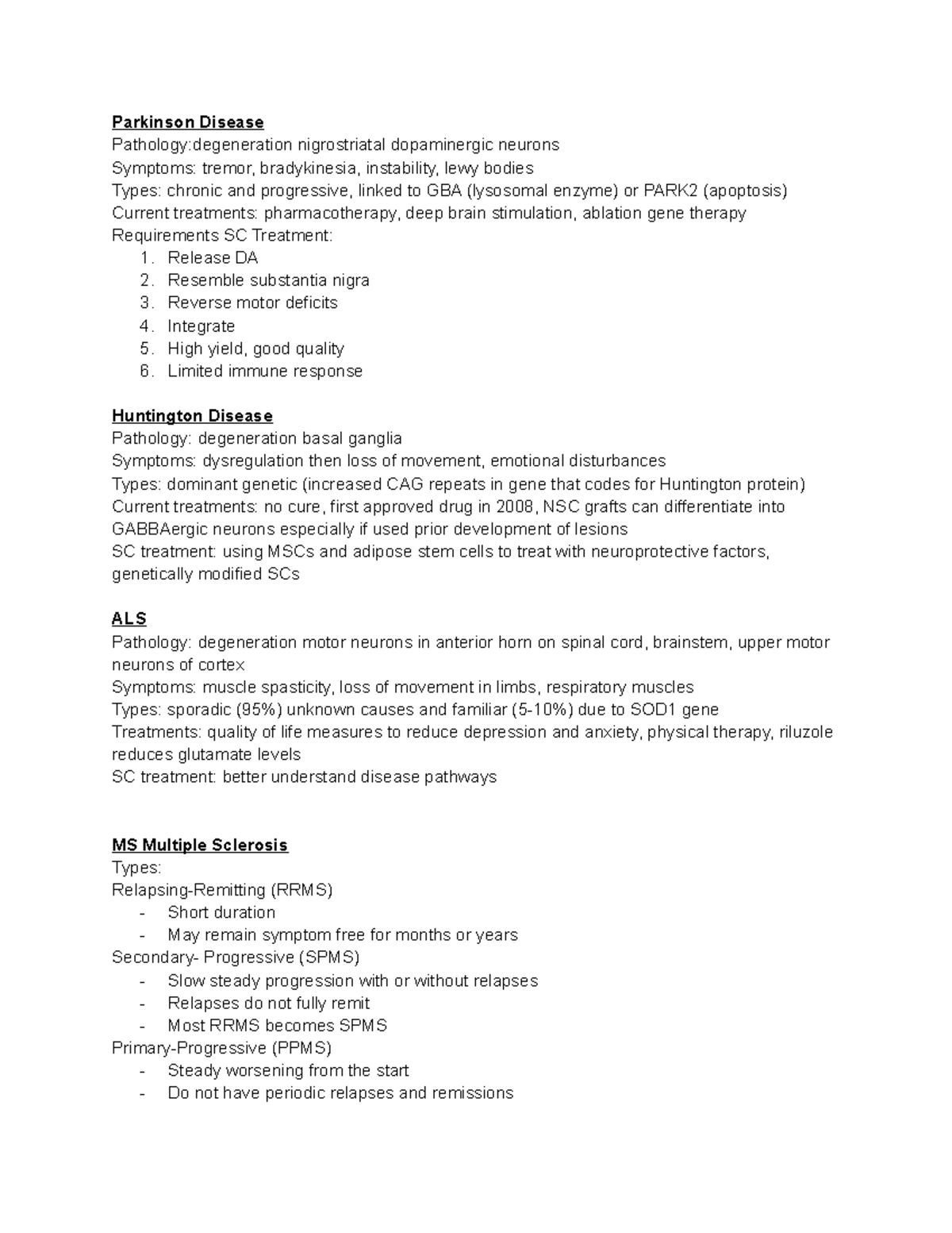 Summary sheet info - Midterm information summarized - Parkinson Disease ...