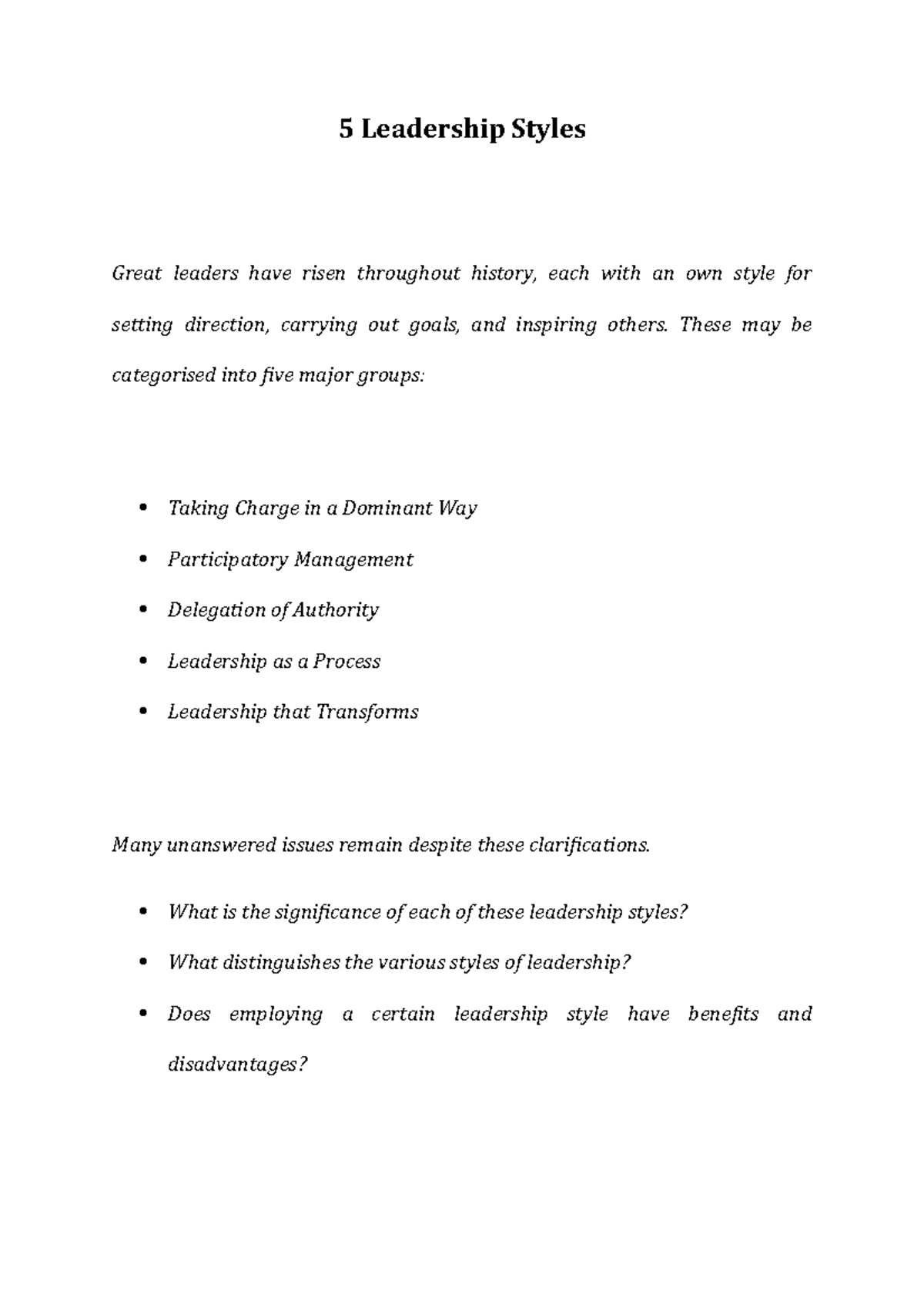 5 Leadership Styles - Class Notes For Examination Preparation As Well ...