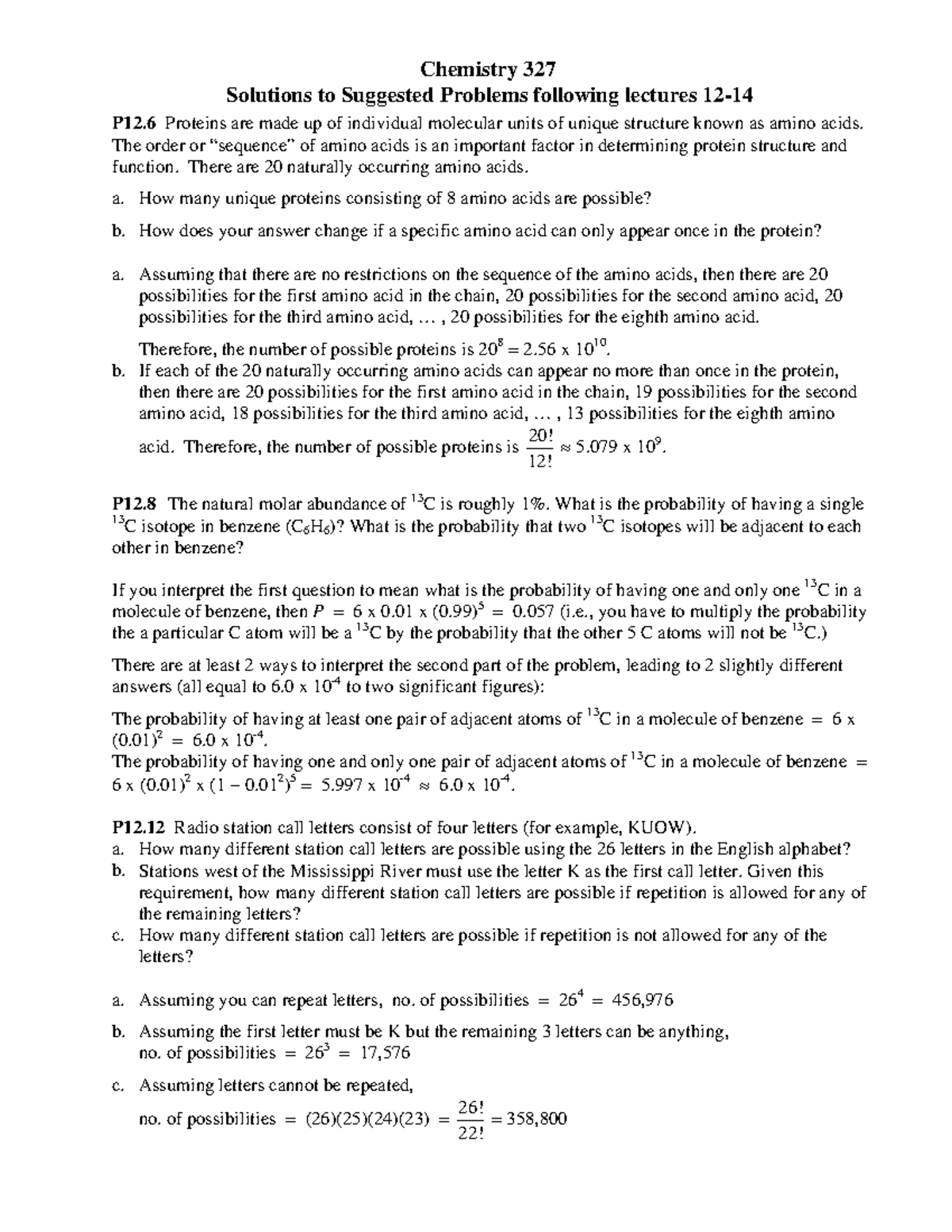 Homework Solutions L12-14 - Chemistry 327 Solutions To Suggested ...