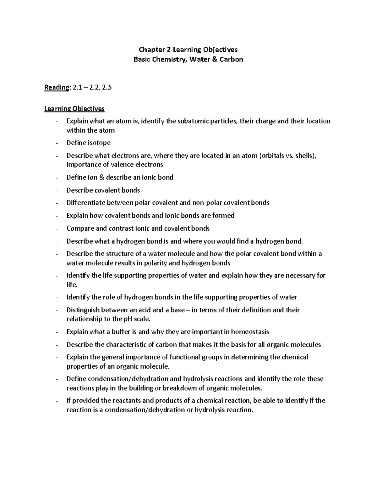 Basic Chem, Water and Carbon (Ch2) Learning Objectives - Chapter 2 ...