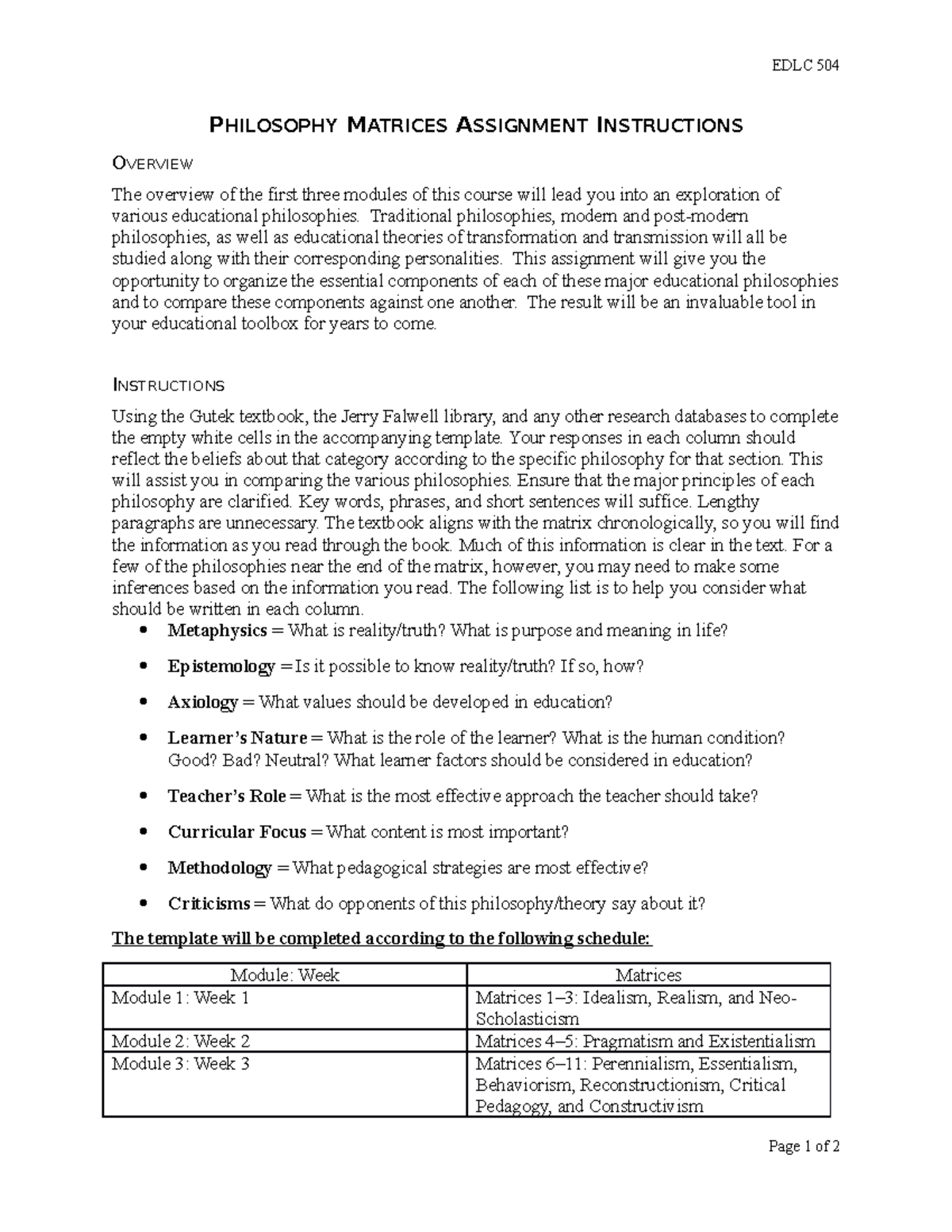 philosophy matrices assignment