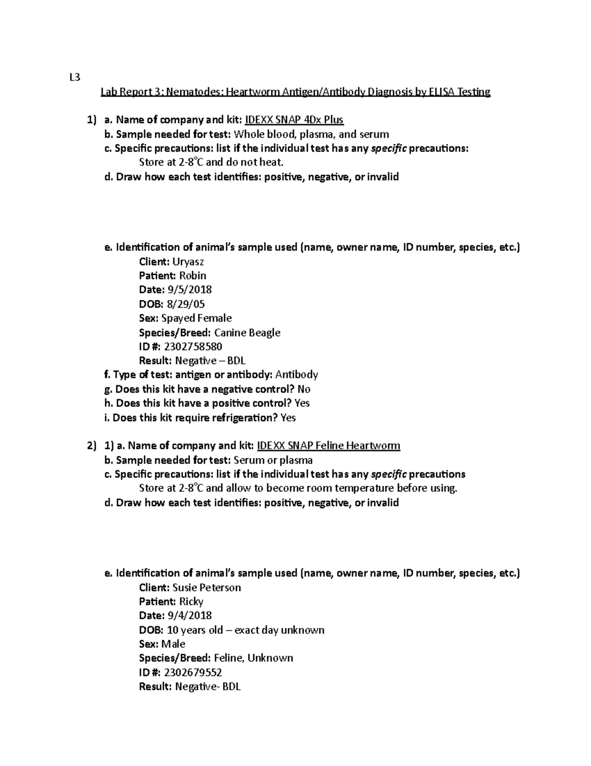 Lab Report 3 L Lab Report 3 Nematodes Heartworm Antigen/Antibody