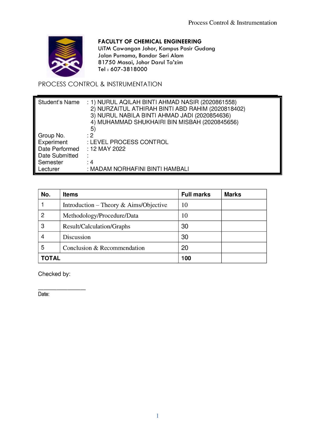 Liquid Level LAB Report - FACULTY OF CHEMICAL ENGINEERING UiTM Cawangan ...