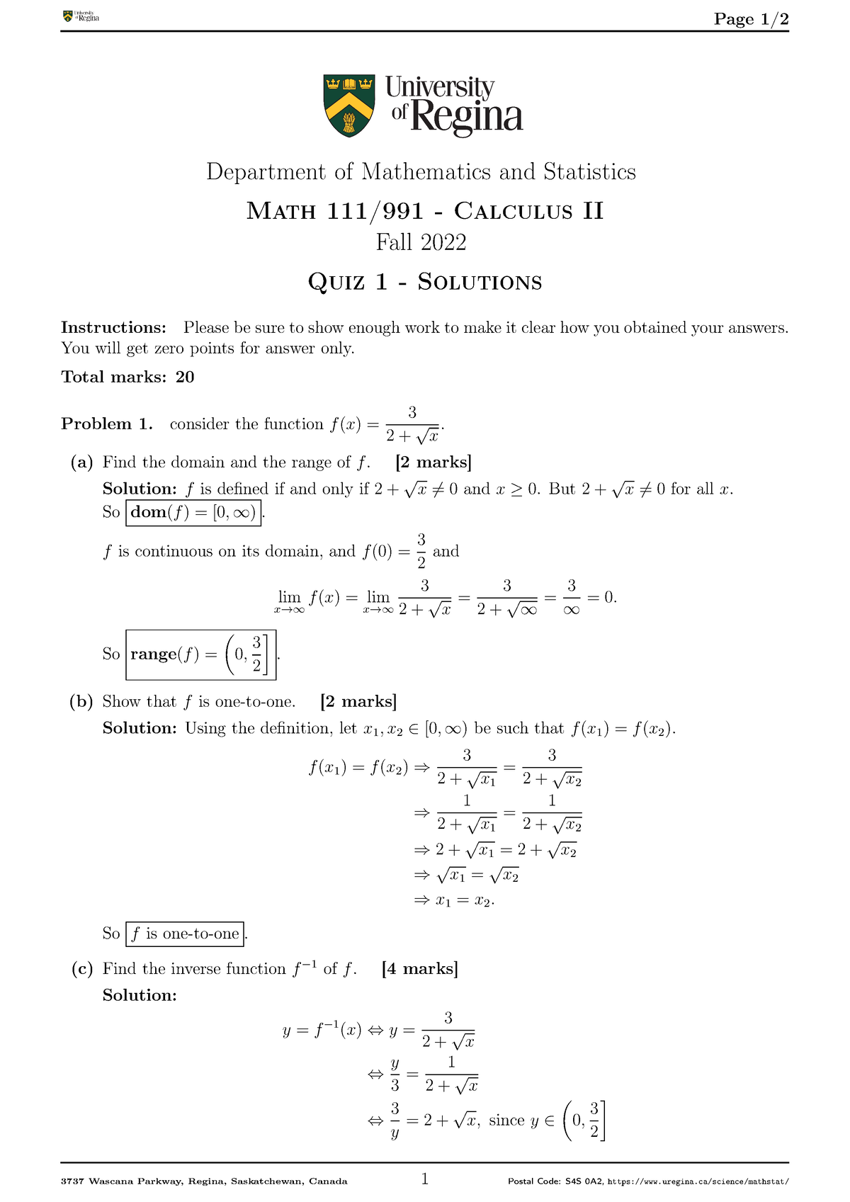 Math 111 - Quiz 1 - Solutions - Page 1/ Department Of Mathematics And ...