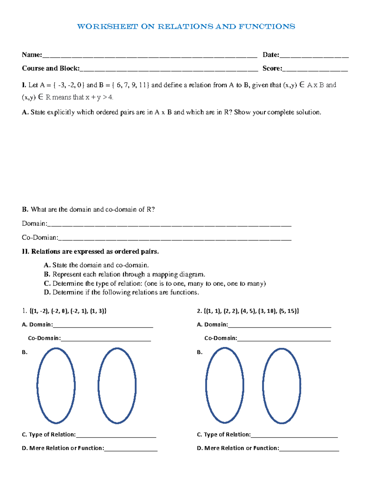 Worksheet on Relations and Functions - Worksheet on Relations and ...