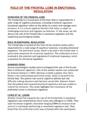 Notes: Role of the Frontal Lobe in Emotional Regulation - 8640 - Studocu