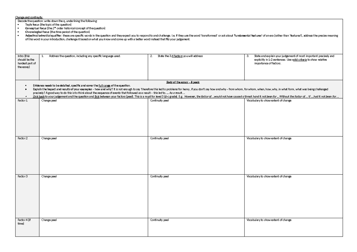 Planning grids - Practise structure - Change and continuity Decode the ...