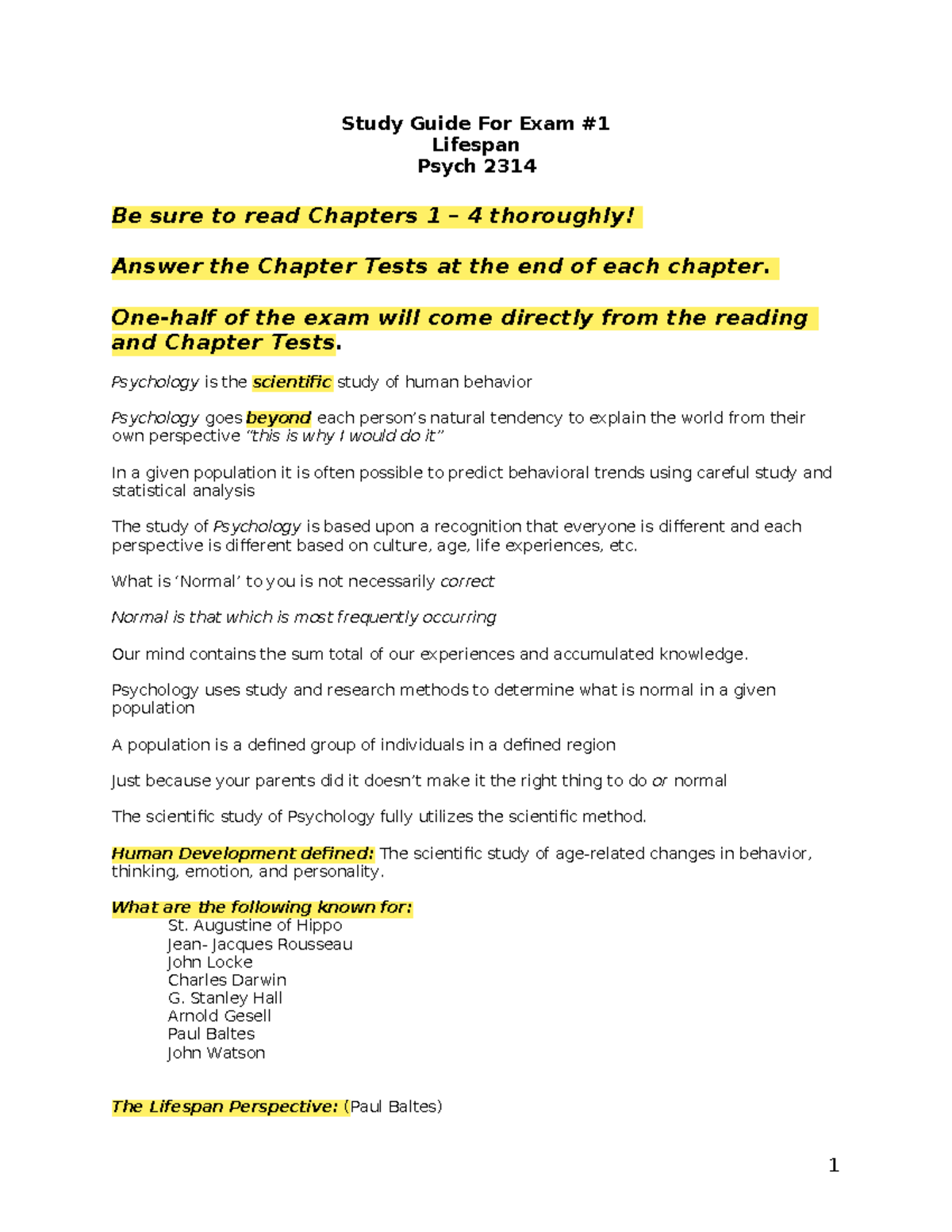 Study Guide Psych 2314 Exam 1 - Tagged - Study Guide For Exam Lifespan ...