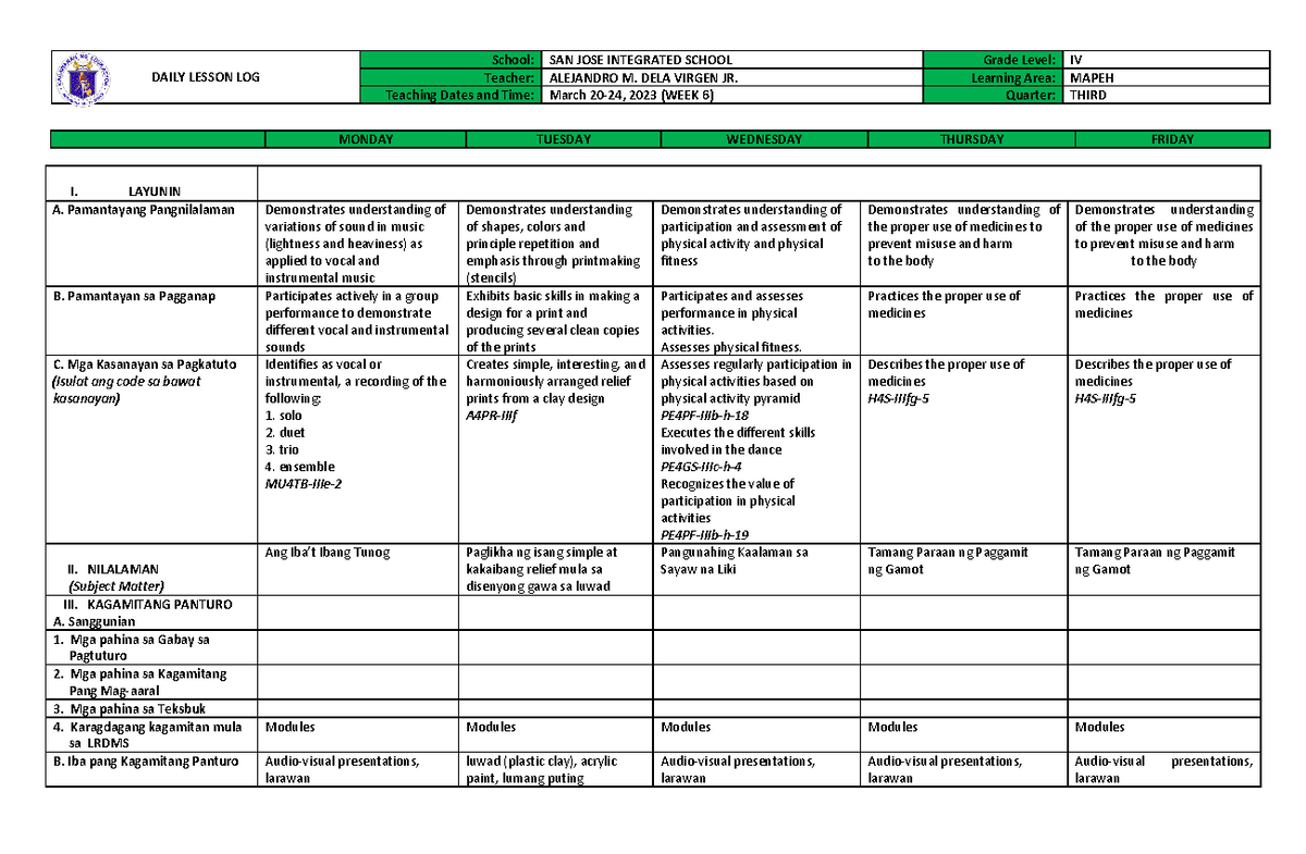 DLL Mapeh 4 Quarter 3 - DAILY LESSON LOG School: SAN JOSE INTEGRATED ...