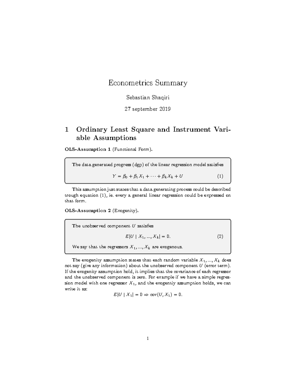 Econometrics Summary Sammanfattning Nationalekonomi Fördjupningskurs