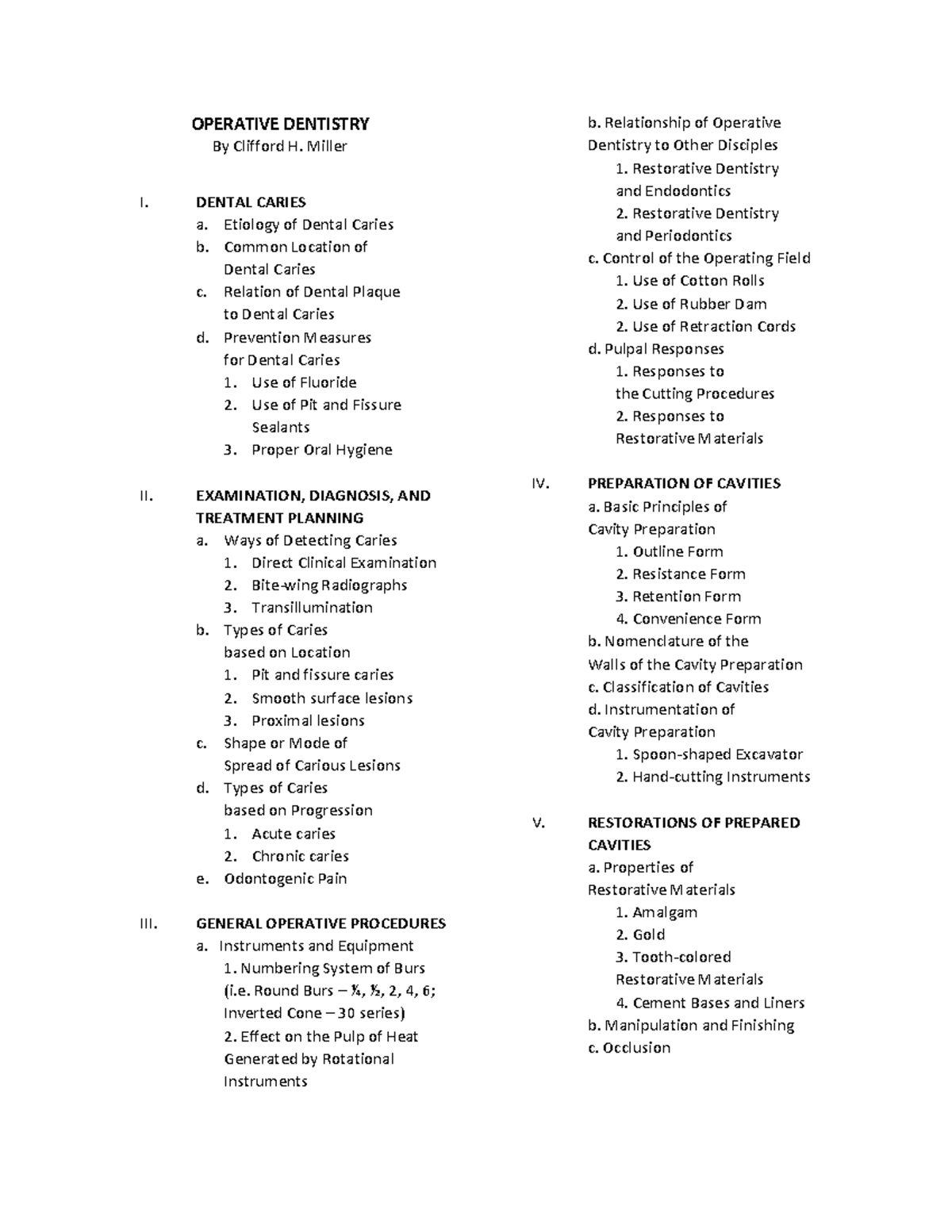 Resto Compre Review Outline - OPERATIVE DENTISTRY By Clifford H. Miller ...
