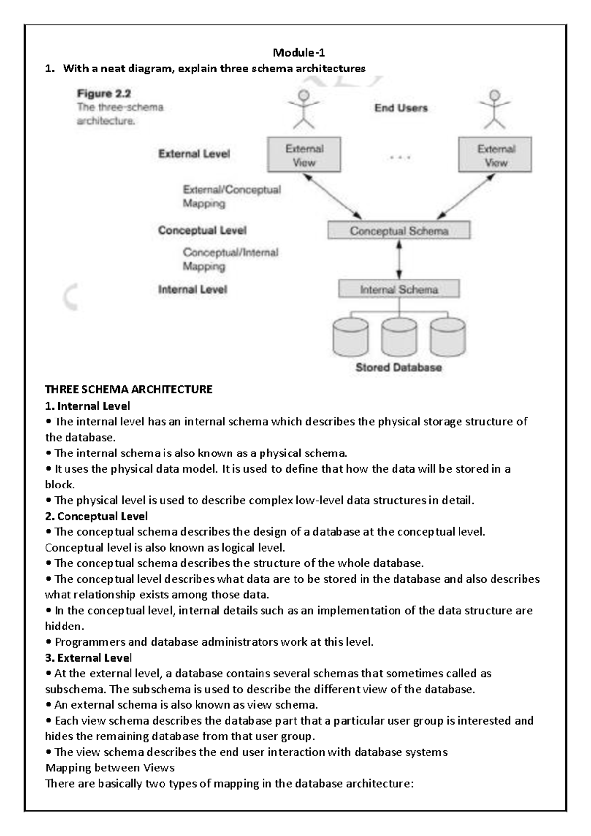 Module 01 - DBMS - Module- 1 With a neat diagram, explain three schema ...