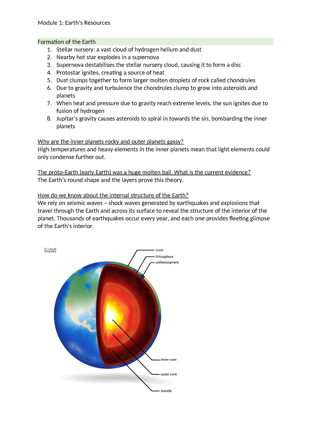 Earth's Resources - Brief - Module 1: Earth’s Resources Formation Of The Earth 1. Stellar ...