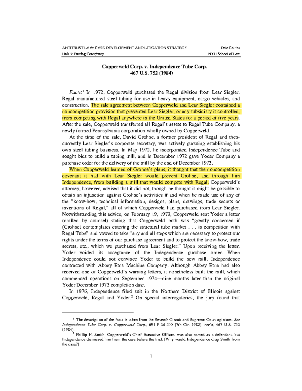 Copperweld excerpt for competition law - Unit 5: Proving Conspiracy NYU ...