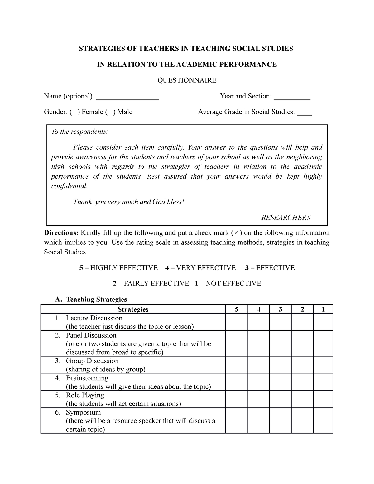 Academic performance research questionna - STRATEGIES OF TEACHERS IN ...