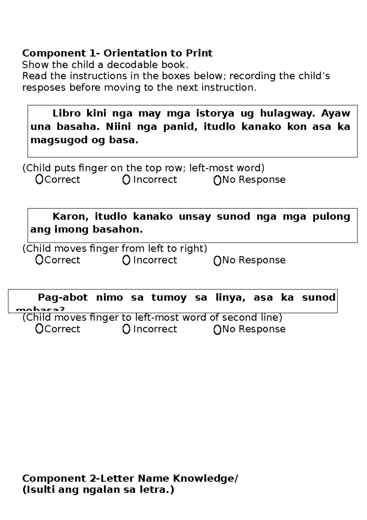 EGRA Toolkit document Component 1 Orientation to Print Show the
