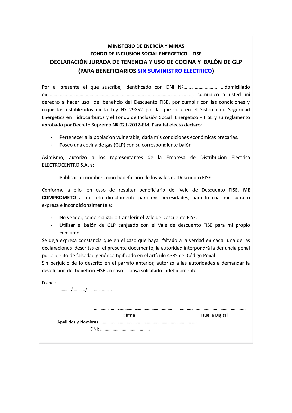 Declaraci N Jurada Ministerio Sin Energia Ministerio De Energ A Y Minas Fondo De Inclusion