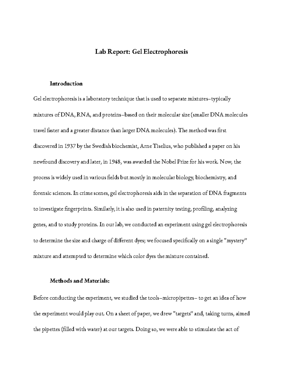 Lab Report Gel Electrophoresis Lab Report Gel Electrophoresis