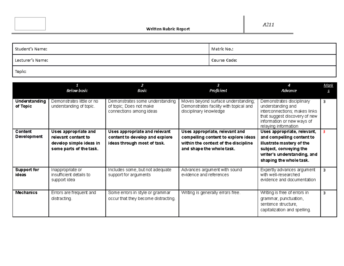 A211 Written Rubric - NOTE - Written Rubric Report A Student’s Name ...