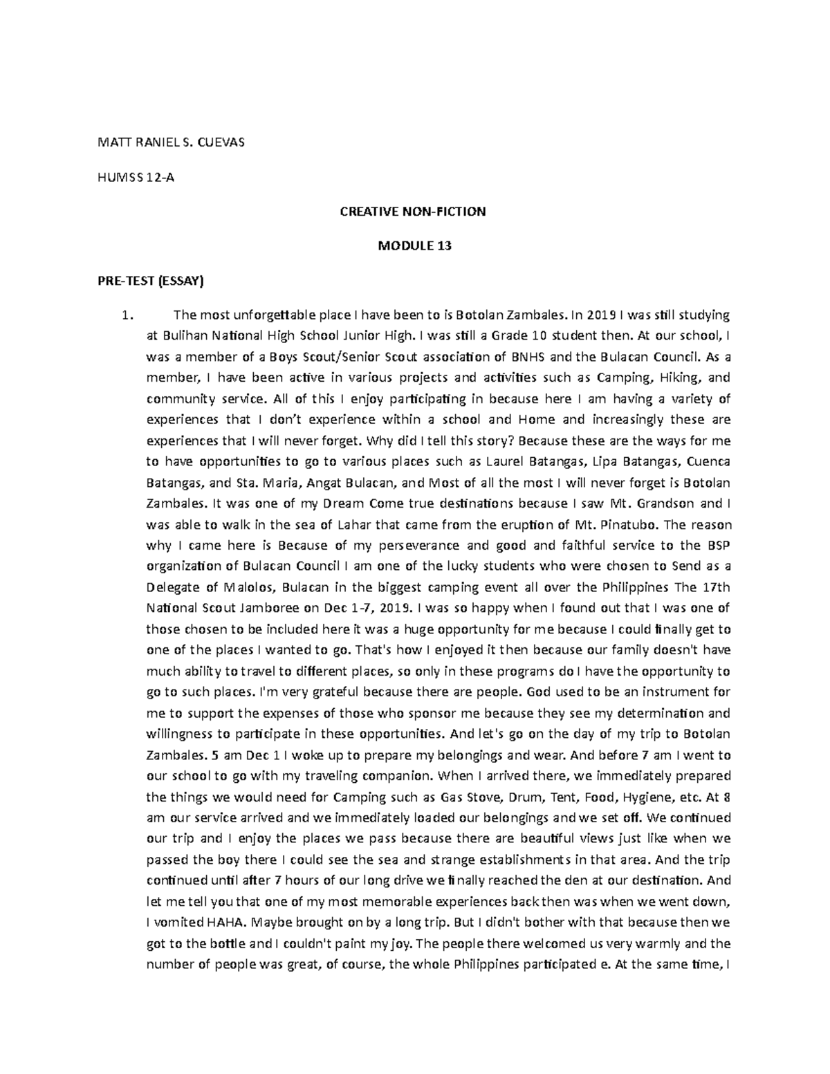 Creative Non-Fiction module 13 Worksheet - MATT RANIEL S. CUEVAS HUMSS ...