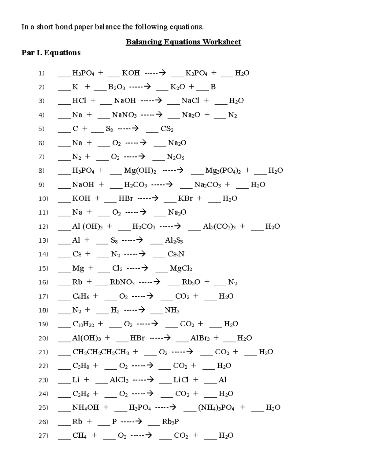 Practice Problems for Balancing Equations - In a short bond paper ...