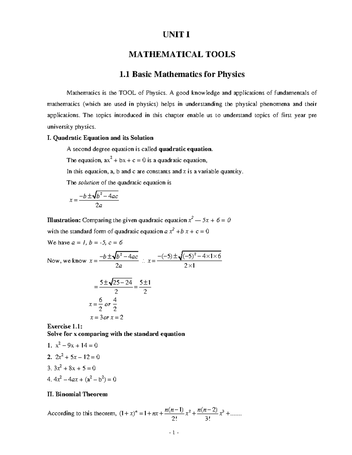 Chap 02 - UNIT I MATHEMATICAL TOOLS 1 Basic Mathematics for Physics ...