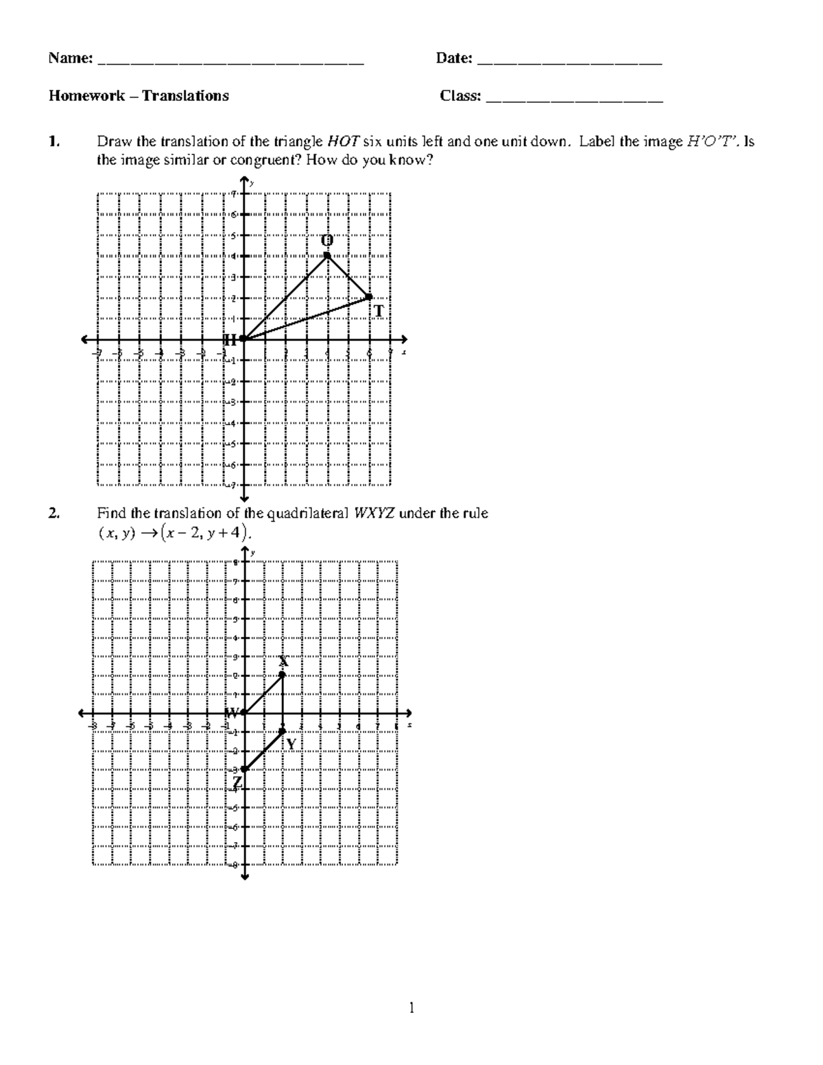 9.1 Translation HW - 1 H O T –7 –6 –5 –4 –3 –2 –1 1 2 3 4 5 6 7 x 1 2 3 ...