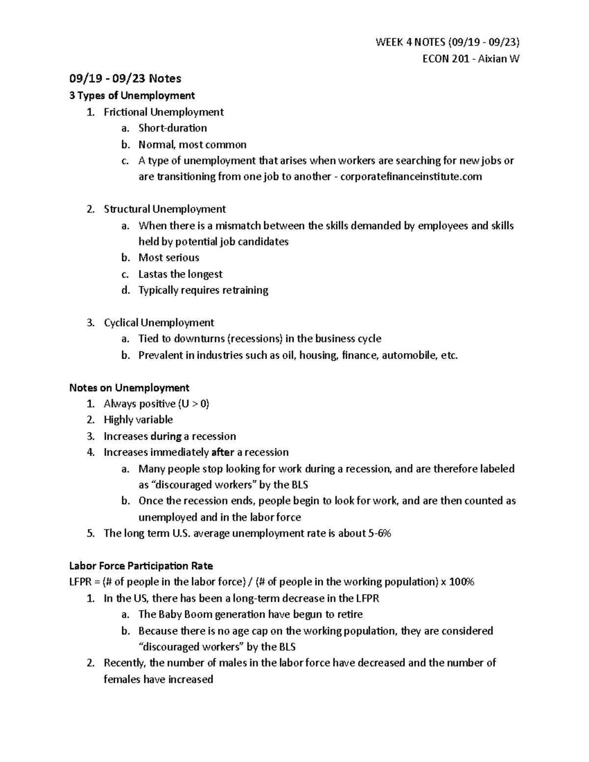 econ 201 lecture notes - ECON 201 - Aixian W 09/19 - 09/23 Notes 3 ...