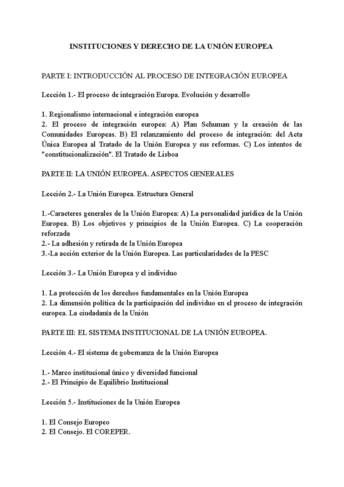 Programa Instituciones UE - INSTITUCIONES Y DERECHO DE LA UNIÓN EUROPEA ...
