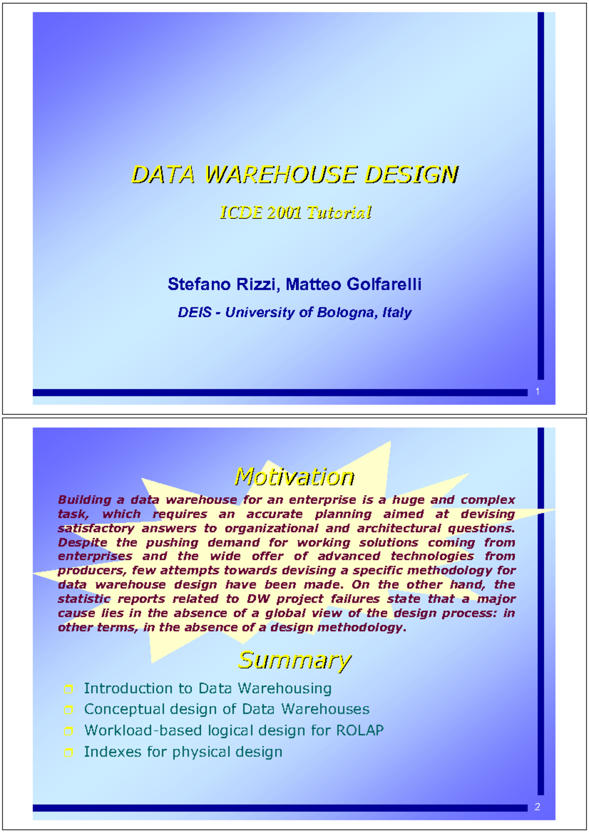 DW Rizzi - Data modelling - DATA WAREHOUSE DESIGN ICDE 2001 Tutorial ...