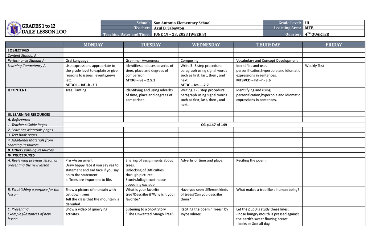 DLL MTB 3 Q4 W8 - practice materials - GRADES 1 to 12 DAILY LESSON LOG ...