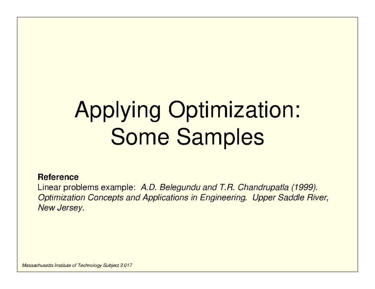 Applying Optimization Some Samples - Applying Optimization: Some ...