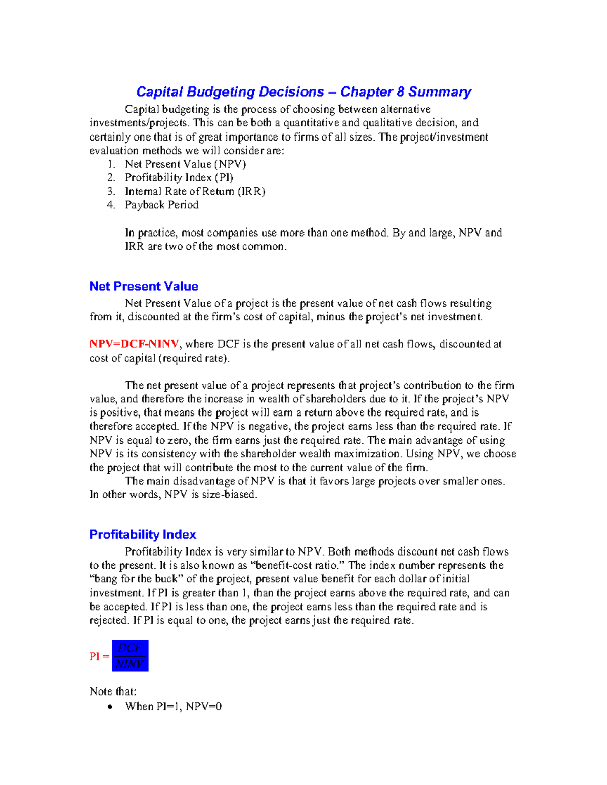 Capital budgeting decisions- chapter 8 summary - - Studocu