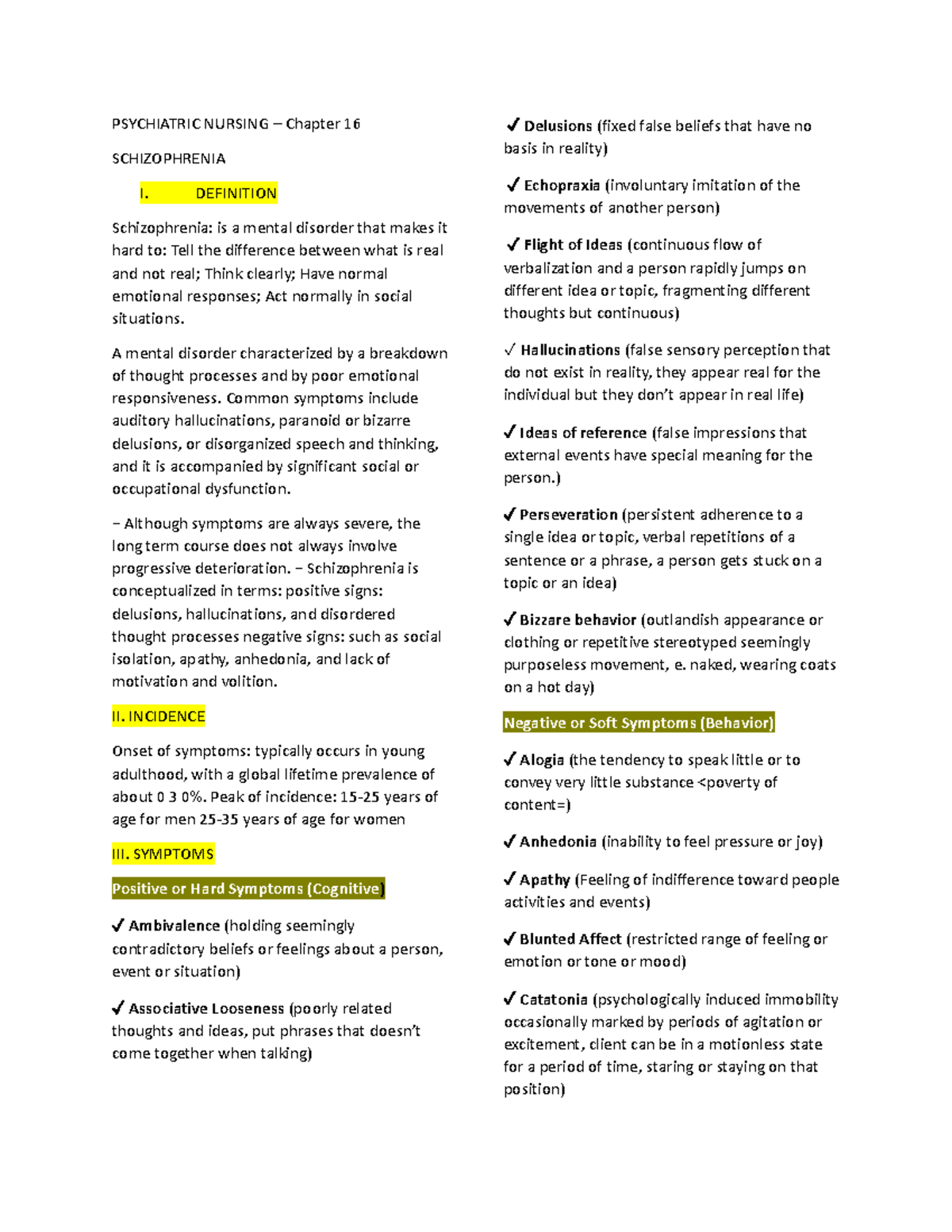 Sch - notes meh - PSYCHIATRIC NURSING – Chapter 16 SCHIZOPHRENIA I ...