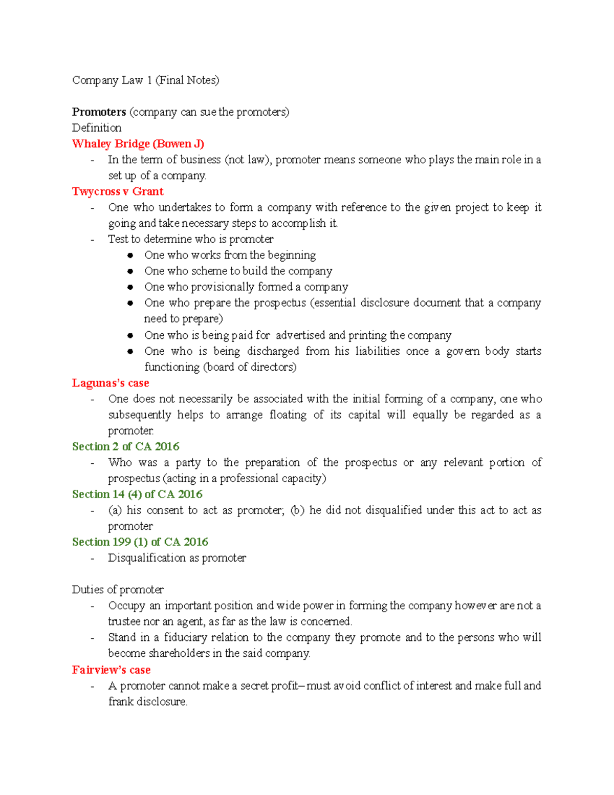 Company Law 1 (Final Notes) - Company Law 1 (Final Notes) Promoters ...